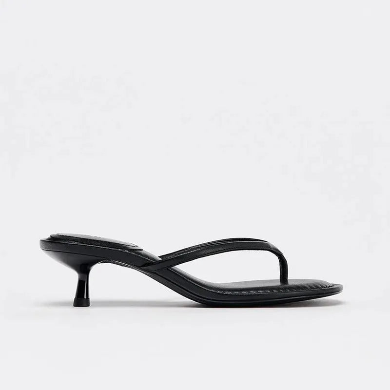 Women's round-toe mid-heel flip-flop sandals in khaki colour with microfiber upper