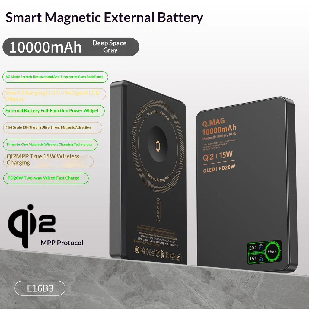 Ultra-thin magnetic power bank with Qi2 certification, aluminium alloy shell, glass back panel, and smart digital display showing 5000mAh battery capacity