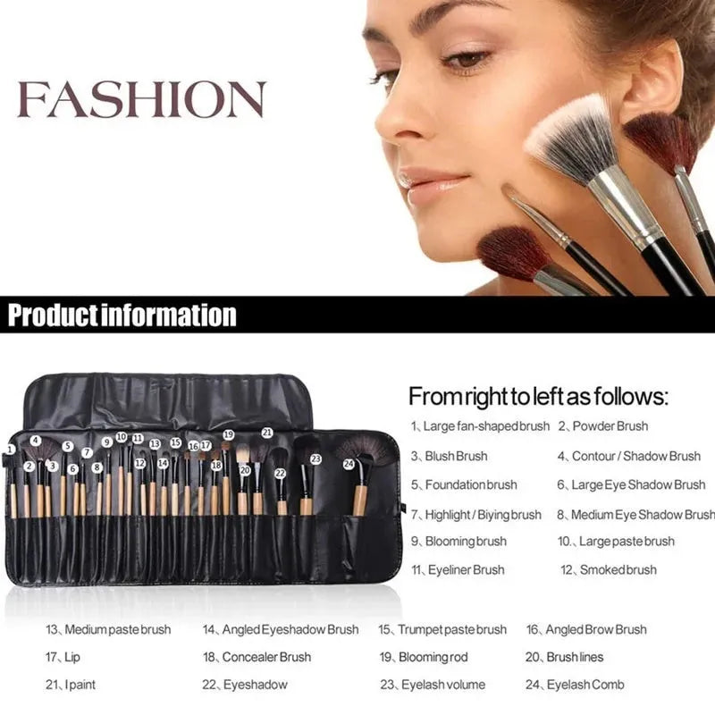 24 professional makeup brushes with wooden handles in a black PU carrying case