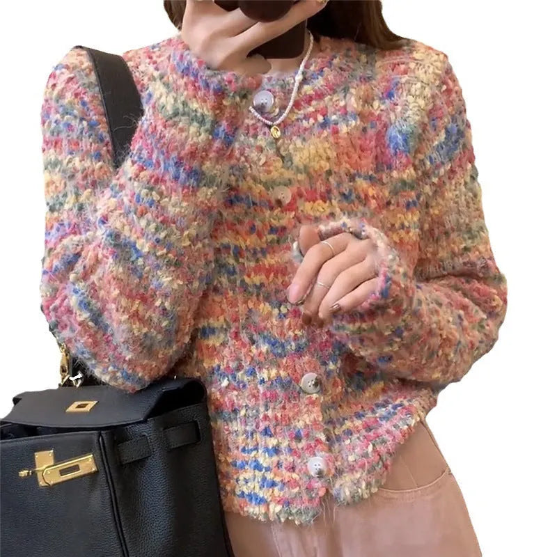 Retro rainbow knitted cardigan in toothbrush hair fabric with ice cream pink and green colour options