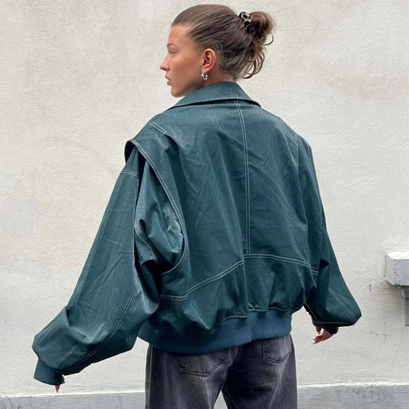 Women's Loose Fashion Lapel Zip-up Jacket in wine red, black, and green with princess sleeves