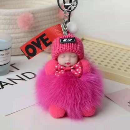 Hand-woven fox fur sleeping doll plush keychain pendant with or without bow
