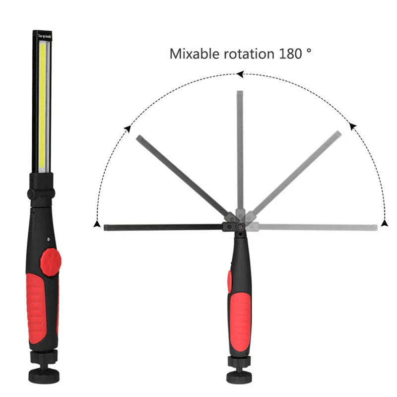 A portable LED work light with a magnetic base, adjustable brightness, and 180-degree rotating light bar for versatile illumination in car repairs, outdoor activities, and everyday tasks.