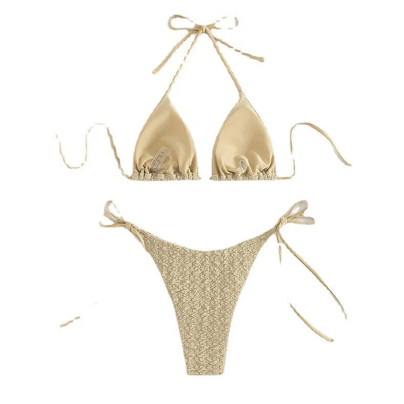 Women's khaki high waist bikini with lace-up front detail and matching shorts