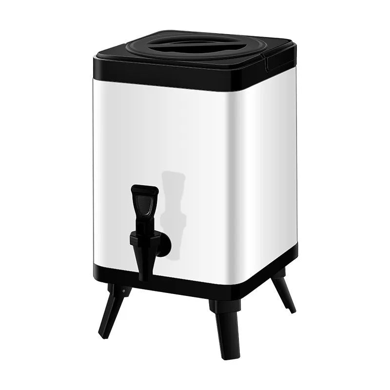 Silver stainless steel milk tea bucket with square-lock lid showing 8L capacity for commercial beverage service