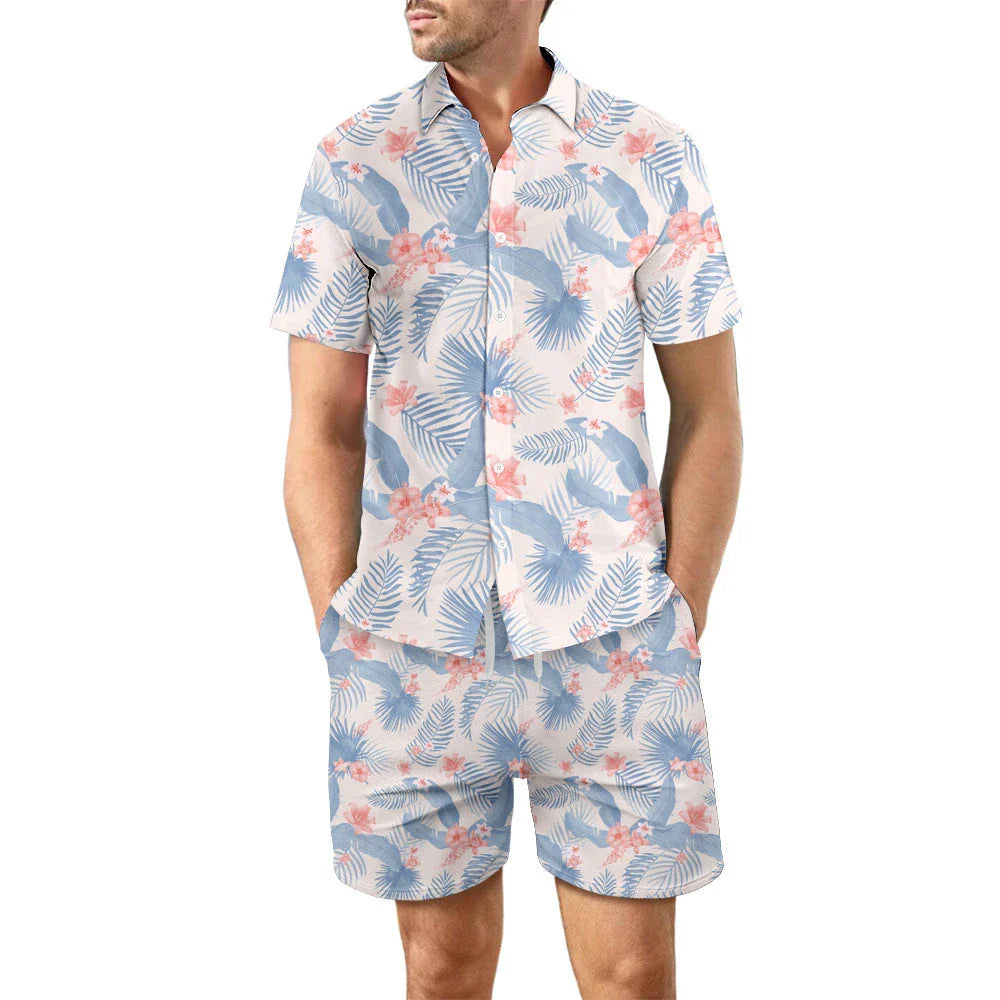 Stylish printed shirt and drawstring shorts set for men's casual beach vacation outfit