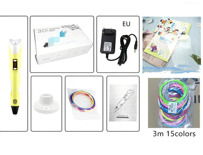 Yellow Children's 3D Printing Pen with USB, base, and 3m 3-colour consumables for three-dimensional drawing