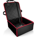 Black dog car pet pad with non-slip base on vehicle front seat measuring 42cm square