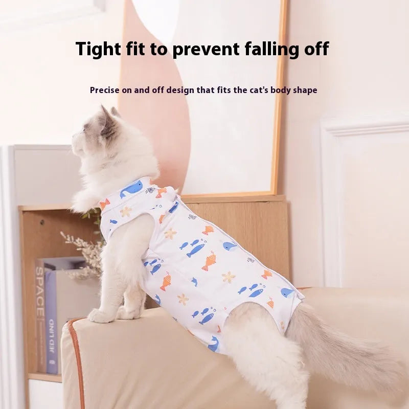 Colourful printed cat sterilisation suit with velcro closures for post-operation recovery.