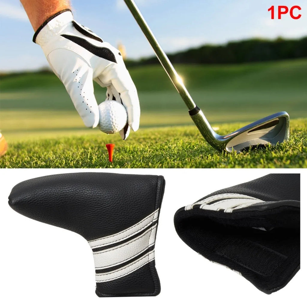 Black PU leather golf club head cover case with a sleeve for a push rod.