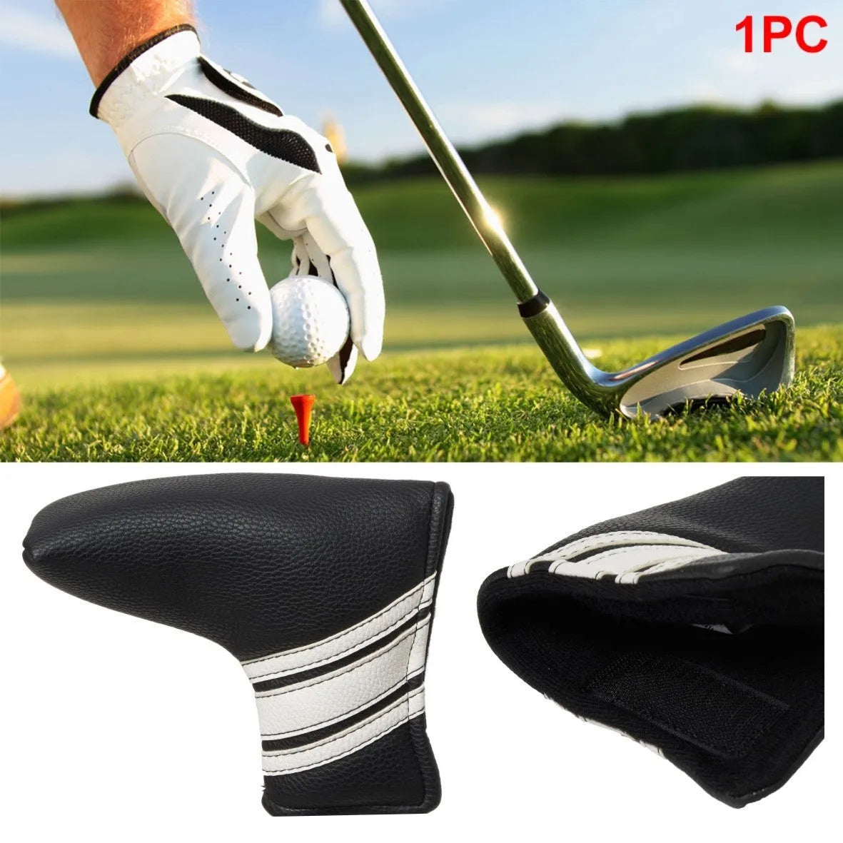 Black PU leather golf club head cover case with a sleeve for a push rod.