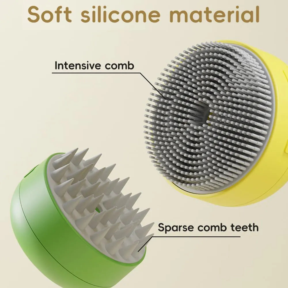 Green and yellow rechargeable silicone steam brush for pet grooming on a table.
