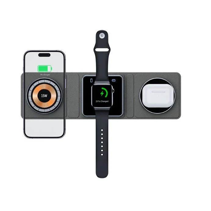 3-in-1 magnetic wireless charging station for iPhone, Apple Watch, and AirPods with folding design and fast charging capabilities