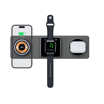 3-in-1 magnetic wireless charging station for iPhone, Apple Watch, and AirPods with folding design and fast charging capabilities