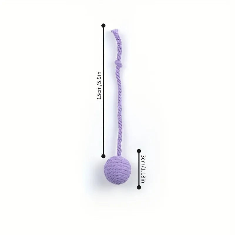 Coloured cat toy ball with rope handle and internal bell in 6cm or 3cm sizes