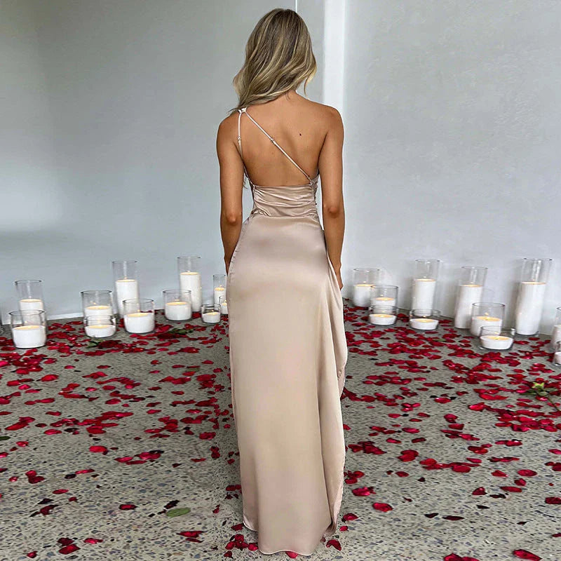 Chic one-shoulder backless slit dress in variety of colors, perfect for summer parties and events