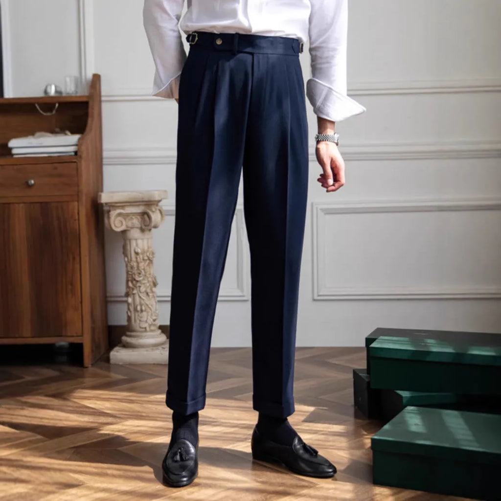 Men's straight leg polyester business casual trousers in black, front view