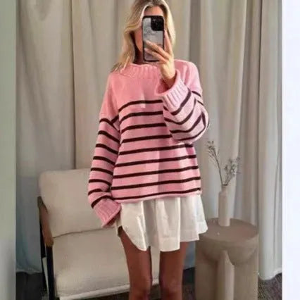Pink stripe warm knitted pullover with round neck and long sleeves in loose fit chenille spandex blend