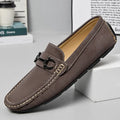 Men's beige leather casual Doug shoes with a round toe and rubber sole on a white background.