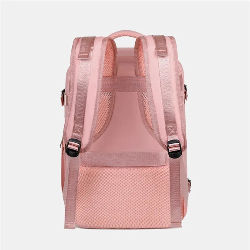 Women's large capacity travel backpack in purple with multiple compartments and air pillow belt