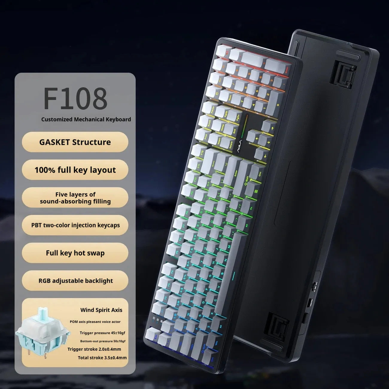 Tarantula F108PRO wireless Bluetooth mechanical keyboard in multiple colour options with custom switches