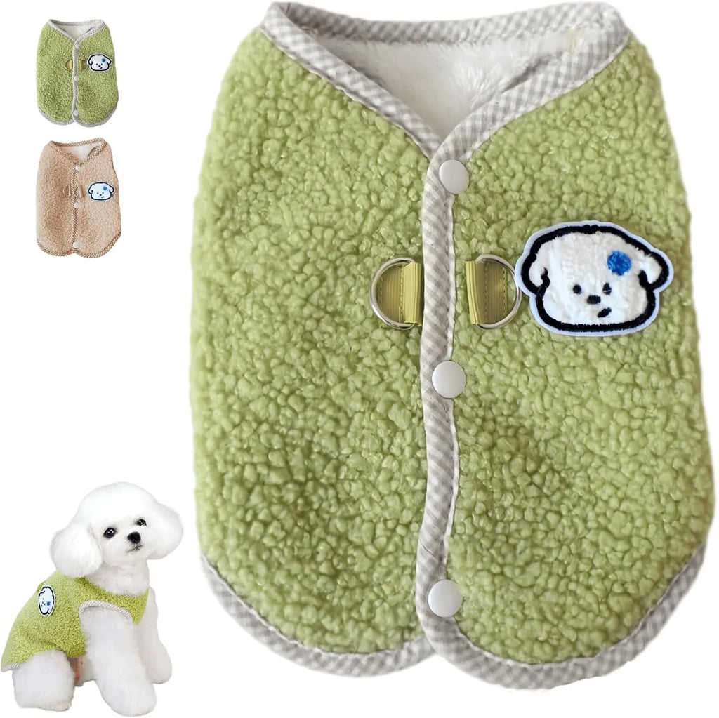 Green thickened coral fleece dog vest with leash ring on a small dog
