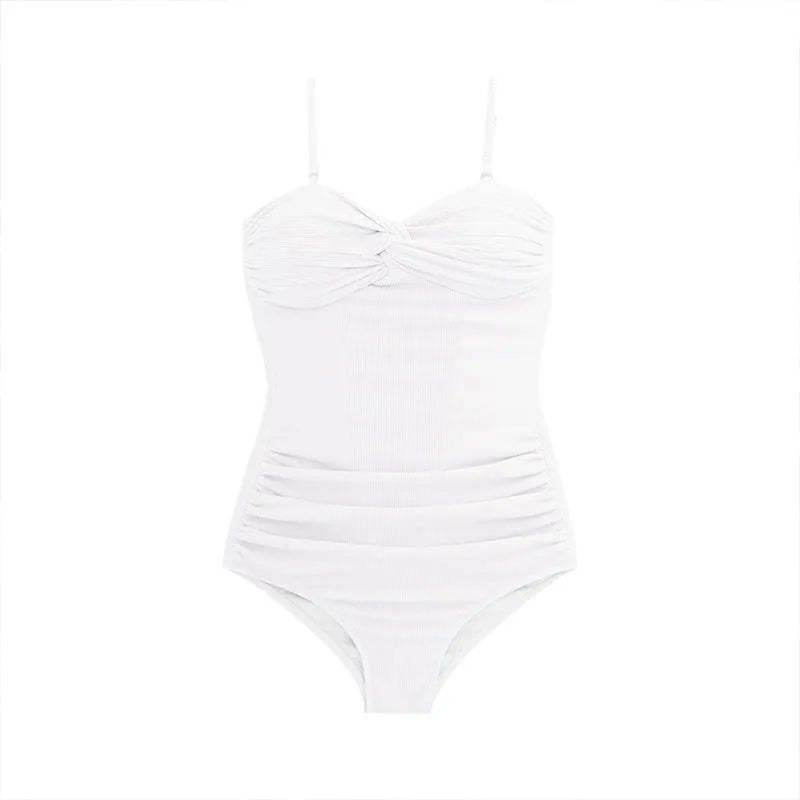 Women's solid colour high-waisted one-piece swimsuit with adjustable shoulder straps.