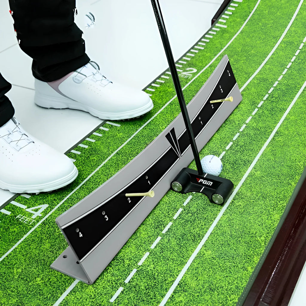Adjustable golf putter trajectory balance simulator with PVC construction on a flat surface