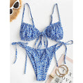 Women's printed multi-rope banded bikini swimsuit with short sleeves and lapel collar