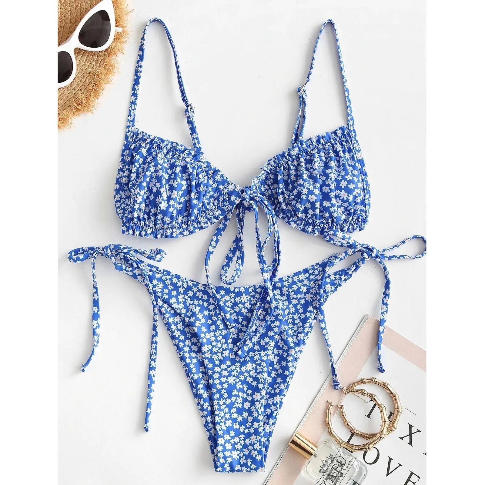 Women's printed multi-rope banded bikini swimsuit with short sleeves and lapel collar