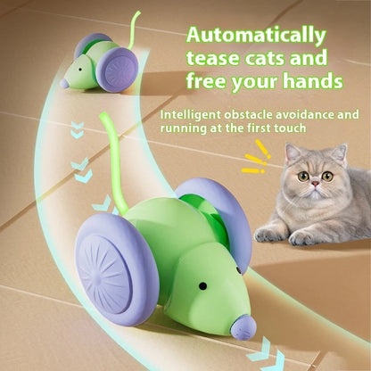 Interactive electric mouse car cat toy in green and white with intelligent obstacle avoidance