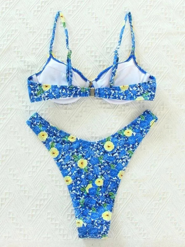 Ladies solid blue backless bikini swimsuit two-piece set polyester fibre