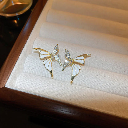 Rhinestone-dripped butterfly stud earrings in alloy with diamond treatment, available in colors A128 and A129