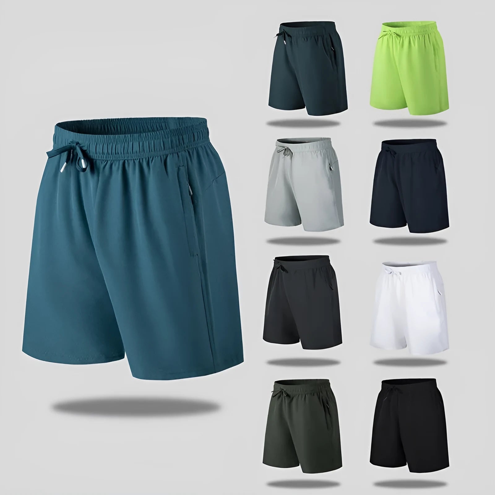Man wearing loose-fitting quick-dry polyester sports shorts on a beach.