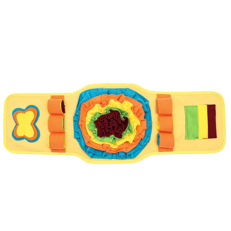 Blue and yellow watch-style pet sniff mat with fleece strips for slow feeding and nosework training