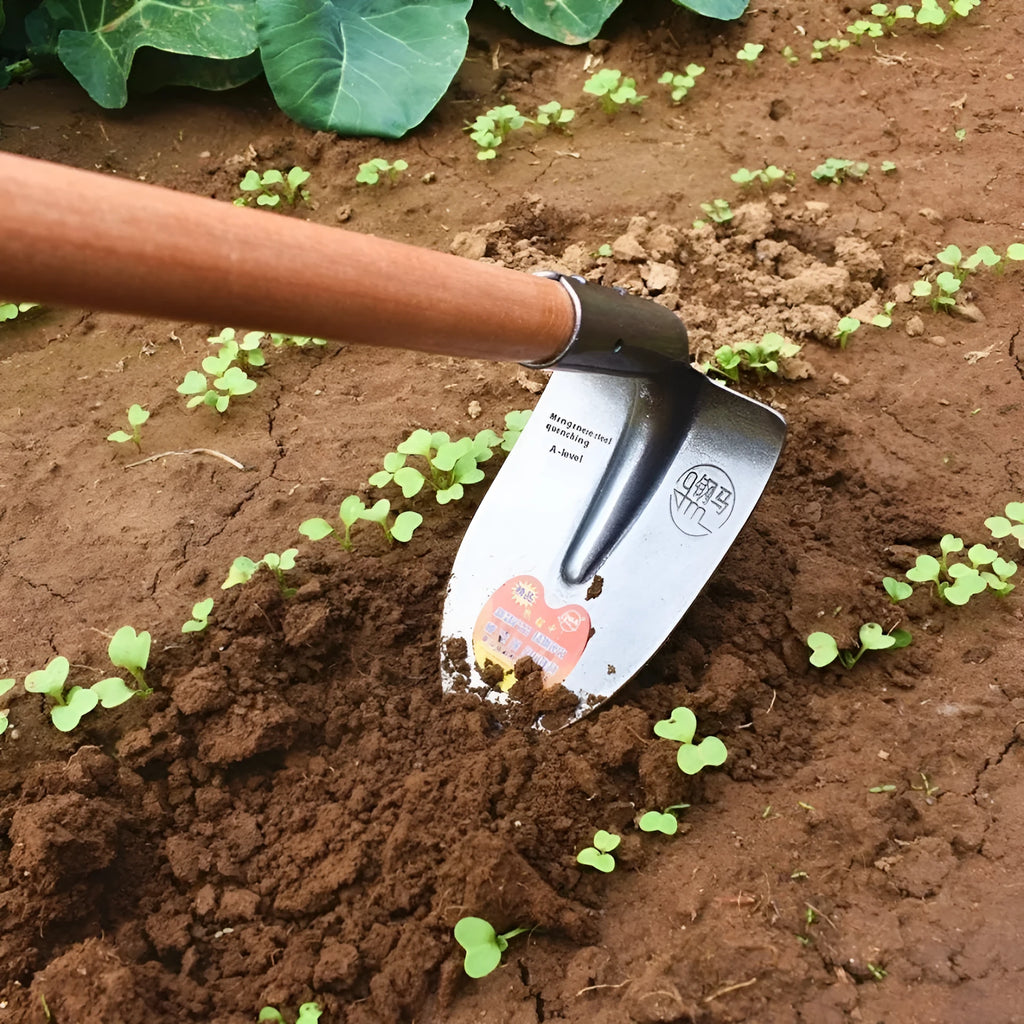 Agricultural steel horse pointed hoe tool with a flat hoe design and stainless steel construction.