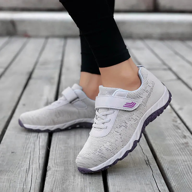 Women's grey purple wedge shoes with mesh upper and Velcro strap