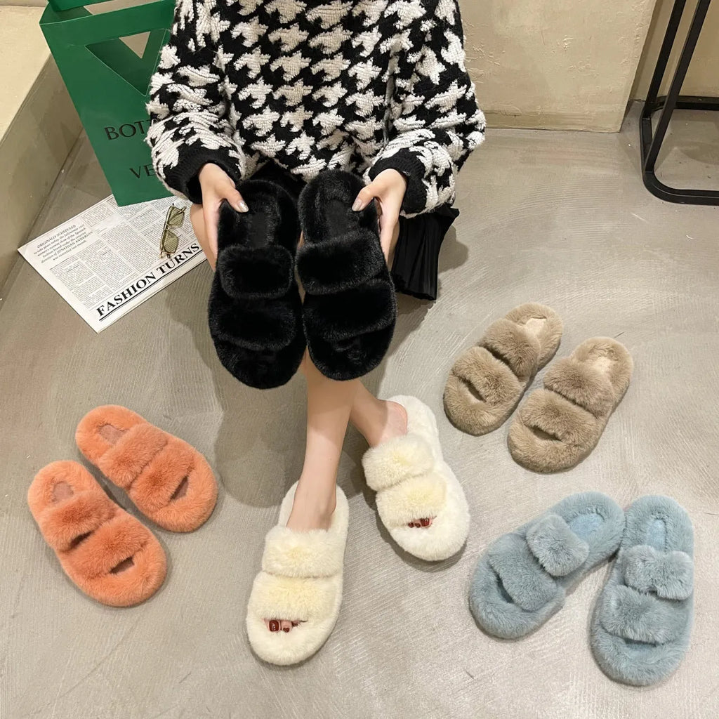 Women's fuzzy slippers in beige with faux fur upper and thick rubber sole, slip-on style for home use