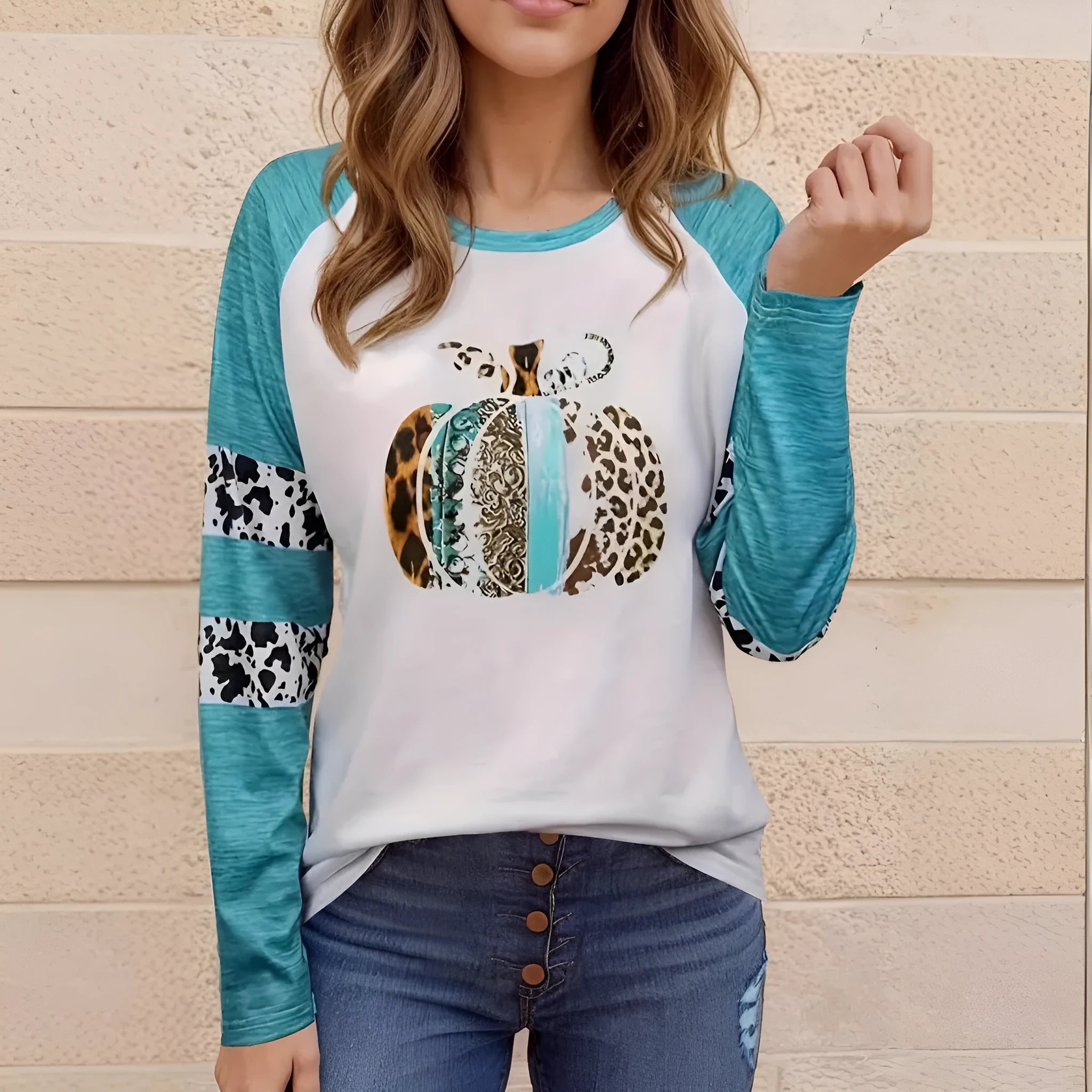 Sky blue Halloween T-shirt with white 3D pumpkin print, long sleeves, regular fit.
