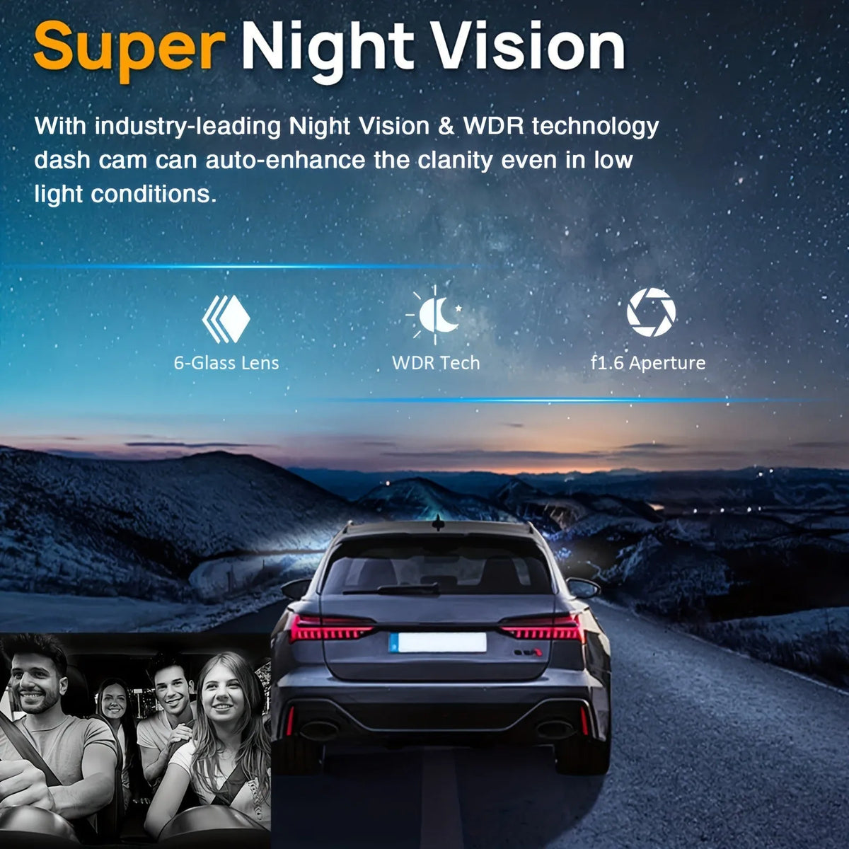 Car driving recorder with 1080p night vision and 360-degree camera on car windscreen