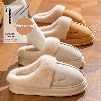 Winter fluffy slippers with non-slip soles in pink, khaki, white, and grey