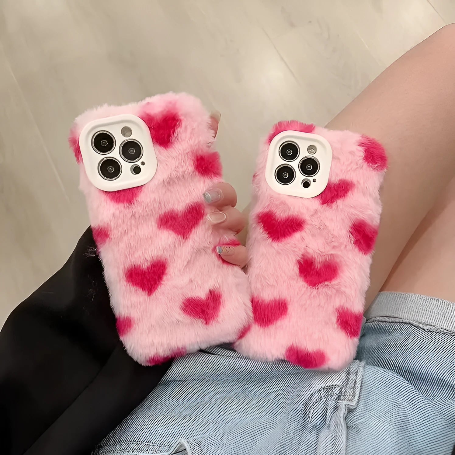Pink silicone phone case with a cartoon design, shown fitted on an Apple iPhone.