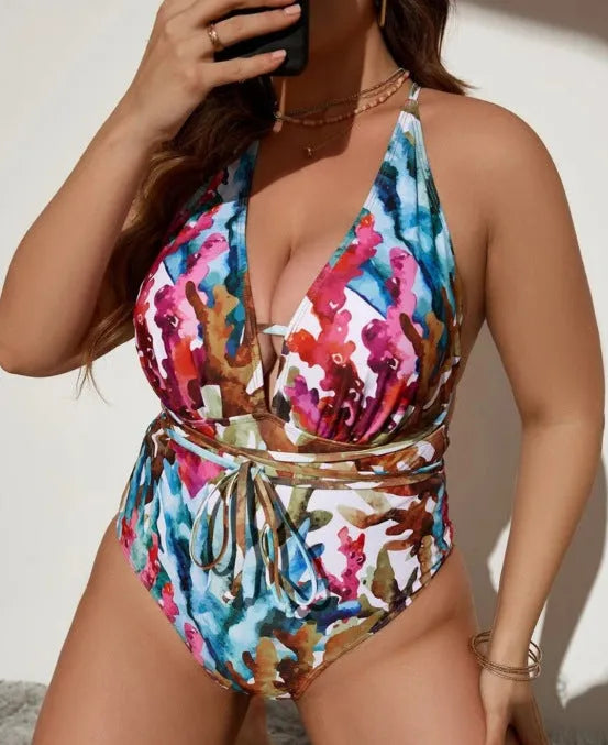 Blue solid colour women's halter swimsuit with briefs style design for swimming
