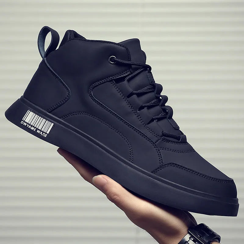 Men's white mid-top casual lace-up sneakers with a round toe and rubber sole