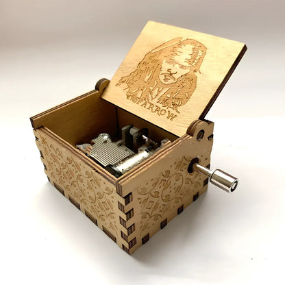 Antique boxwood music box with hand crank and yin carved Spirited Away landscape flowers, 10 cm tall wooden decoration