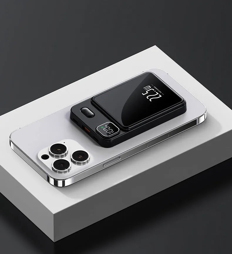 Magnetic wireless power bank with power percentage display in white colour