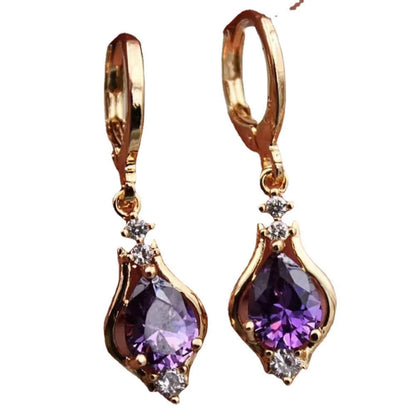 Purple zircon drop-shaped earrings with geometric design and inlaid stones
