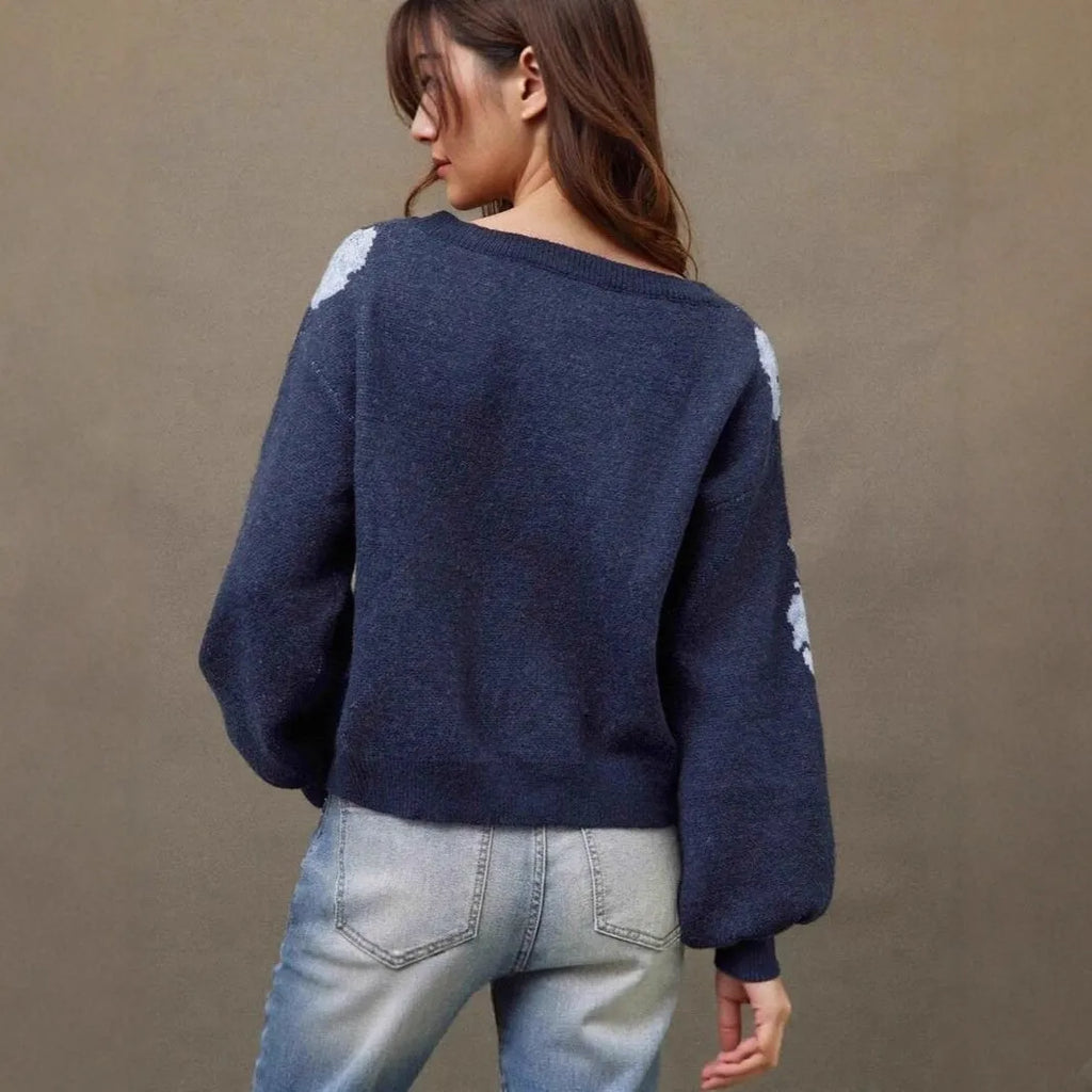 Sapphire blue women's jacquard pullover with flower pattern, off-neck design and loose fit