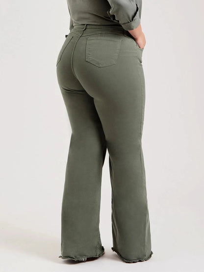 Slim fit stretch denim flared pants in olive green with a mid-waist design and zipper detail
