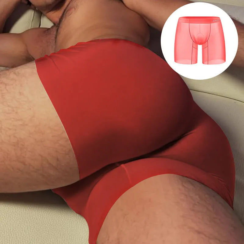 Men's seamless nylon boxer shorts in orange colour showing low-waist design and seamless construction